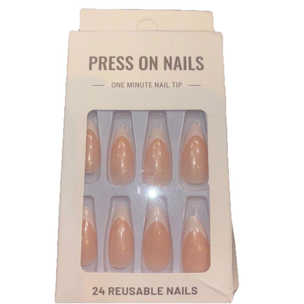 Press on Nails Long Almond Shape Fake Nails Light Flesh Tone White Tip